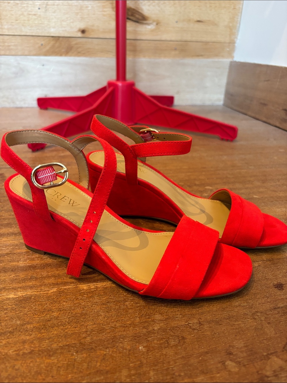 J. Crew Red Suede Ankle-Strap Wedge Sandals